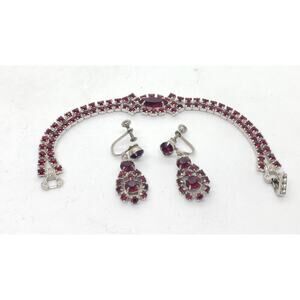 Vintage Ruby Red Rhinestone Bracelet & Screw Earrings Set 1950s Astra Weisner